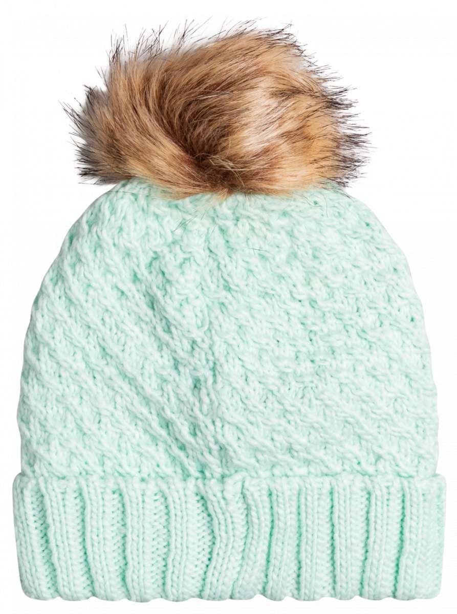 Roxy Women's Blizzard Beanie 2023 - A mint green beanie with a brown faux fur pom-pom on top.