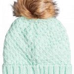 Roxy Women's Blizzard Beanie 2023 - A mint green beanie with a brown faux fur pom-pom on top.