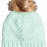 Roxy Women's Blizzard Beanie 2023 - A mint green beanie with a brown faux fur pom-pom on top.