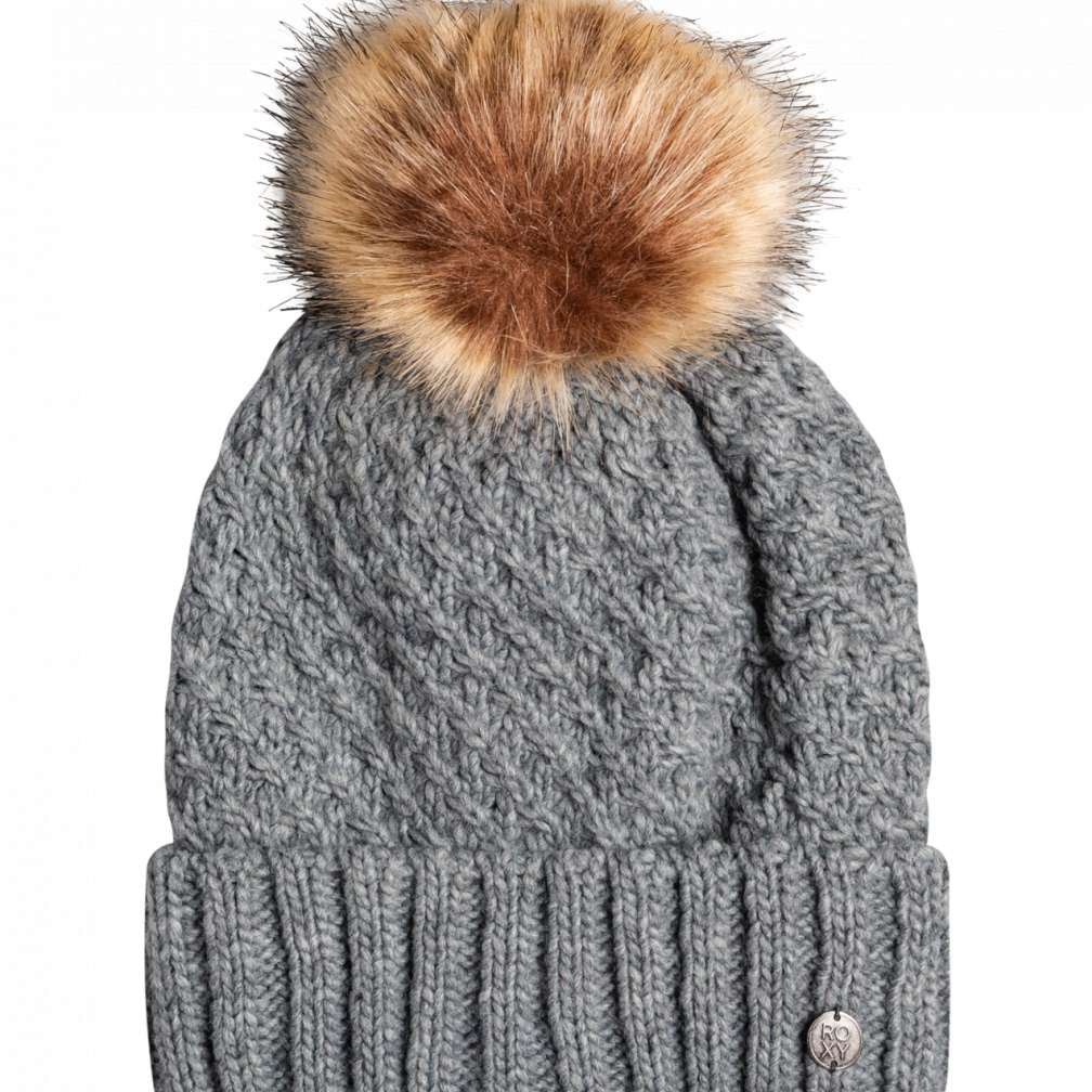 Roxy Women's Blizzard Beanie 2023 - A gray beanie with a large, fluffy brown faux fur pom-pom on top.