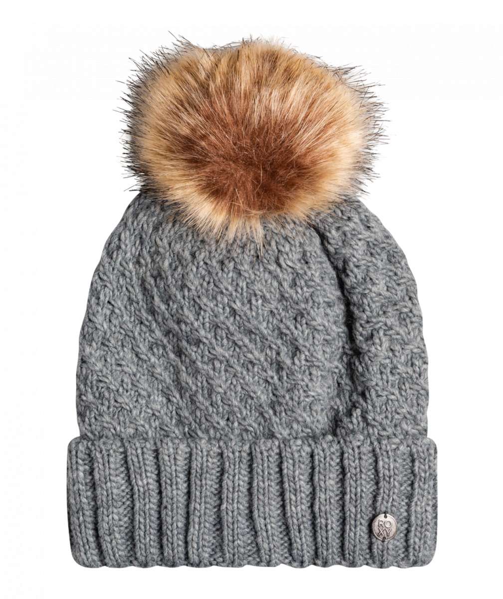 Roxy Women's Blizzard Beanie 2023 - A gray beanie with a large, fluffy brown faux fur pom-pom on top.