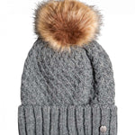 Roxy Women's Blizzard Beanie 2023 - A gray beanie with a large, fluffy brown faux fur pom-pom on top.