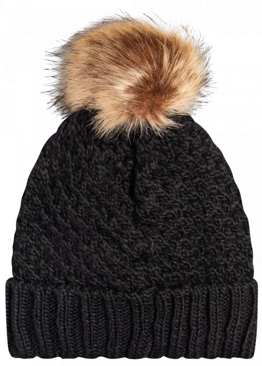 Roxy Women's Blizzard Beanie 2023 - A black beanie with a large, fluffy tan-colored faux fur pom-pom on top.