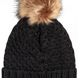 Roxy Women's Blizzard Beanie 2023 - A black beanie with a large, fluffy tan-colored faux fur pom-pom on top.