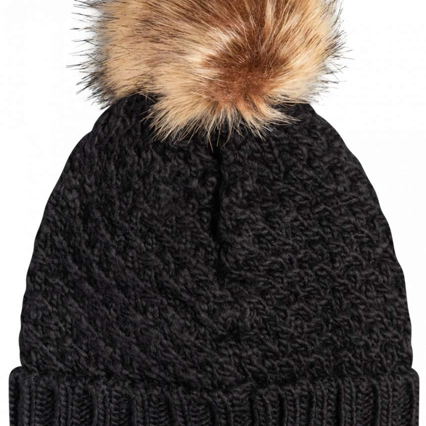 Roxy Women's Blizzard Beanie 2023 - A black beanie with a large, fluffy tan-colored faux fur pom-pom on top.