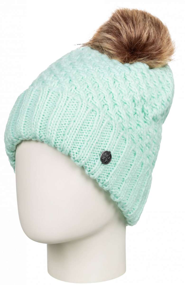 Roxy Women's Blizzard Beanie 2023 - A mint green beanie with a brown faux fur pom-pom on top.