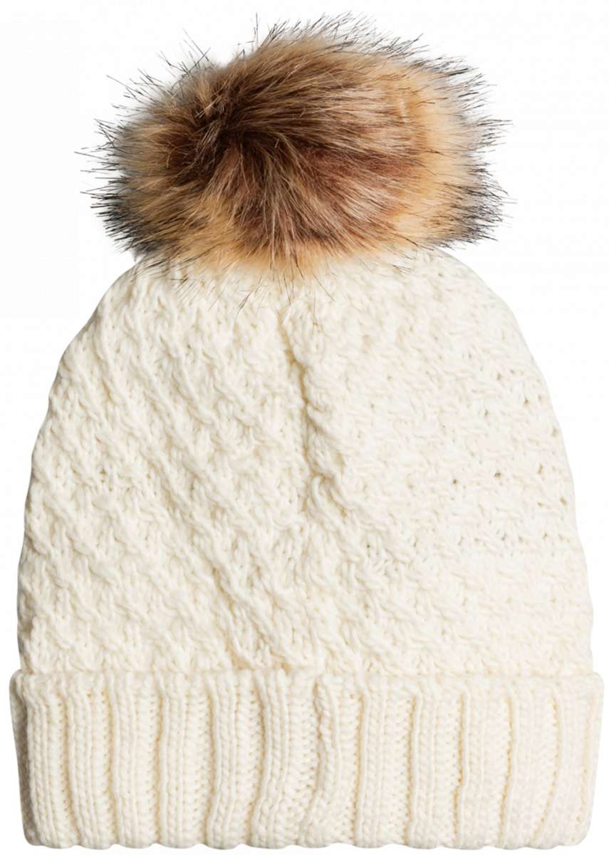 Roxy Women's Blizzard Beanie 2023 - A cream-colored beanie with a cable-knit pattern and a large, fluffy brown faux fur pom-pom on top.