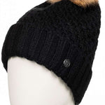 Roxy Women's Blizzard Beanie 2023 - A black beanie with a brown faux fur pom-pom on top.