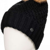 Roxy Women's Blizzard Beanie 2023 - A black beanie with a brown faux fur pom-pom on top.