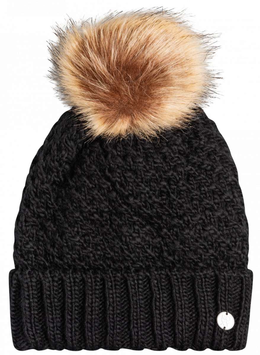 Roxy Women's Blizzard Beanie 2023 - A black beanie with a large, fluffy tan-colored faux fur pom-pom on top.