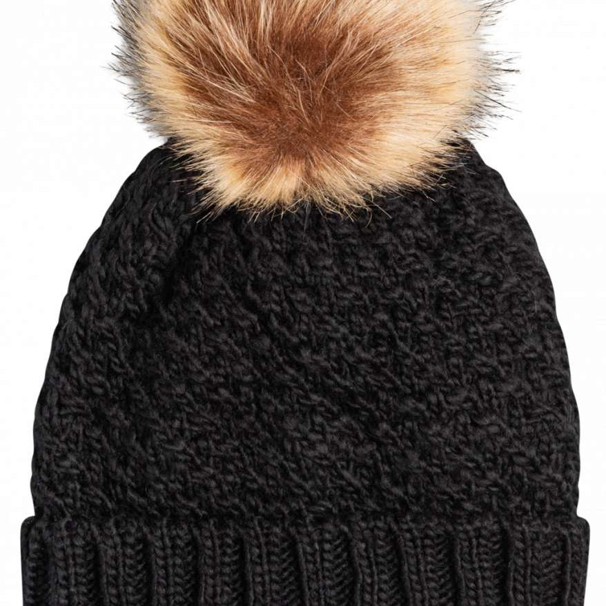 Roxy Women's Blizzard Beanie 2023 - A black beanie with a large, fluffy tan-colored faux fur pom-pom on top.