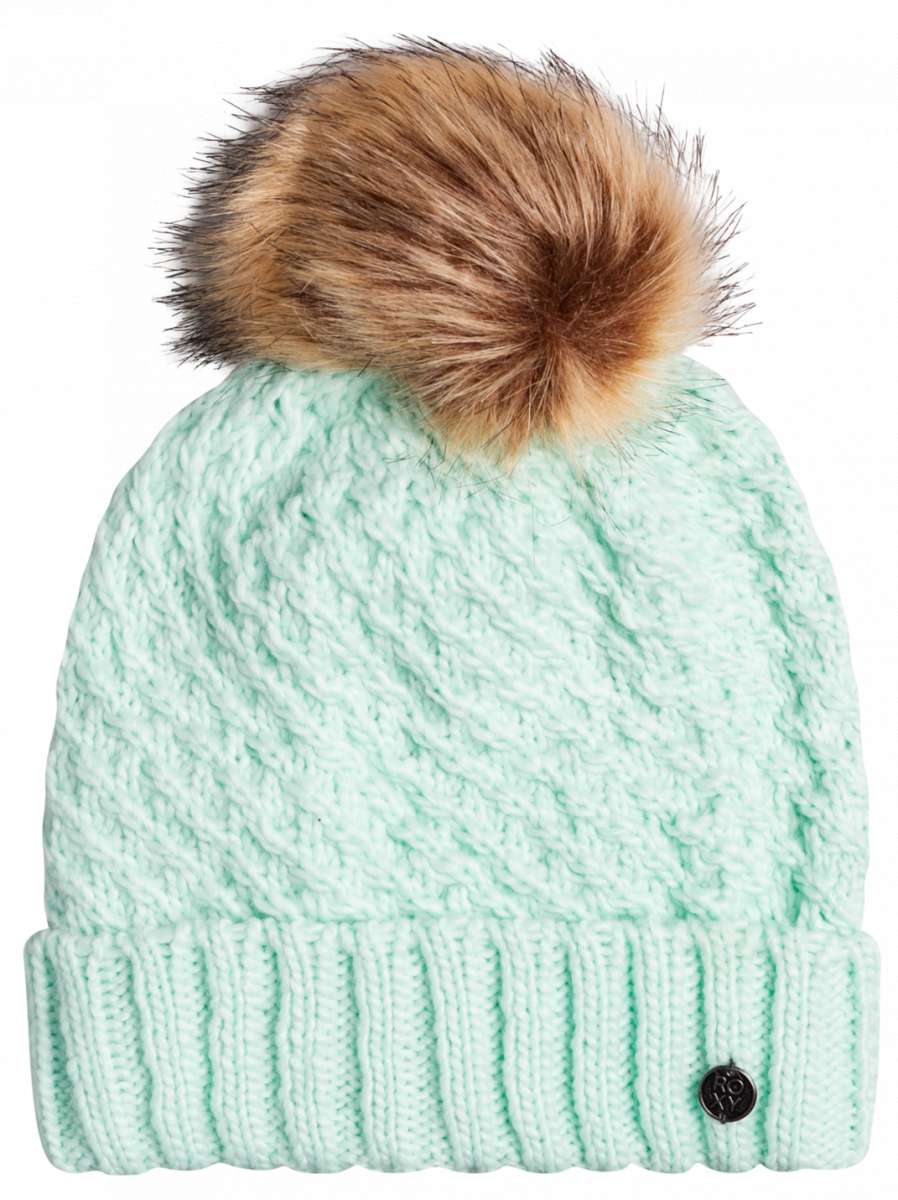 Roxy Women's Blizzard Beanie 2023 - A mint green beanie with a brown faux fur pom-pom on top.