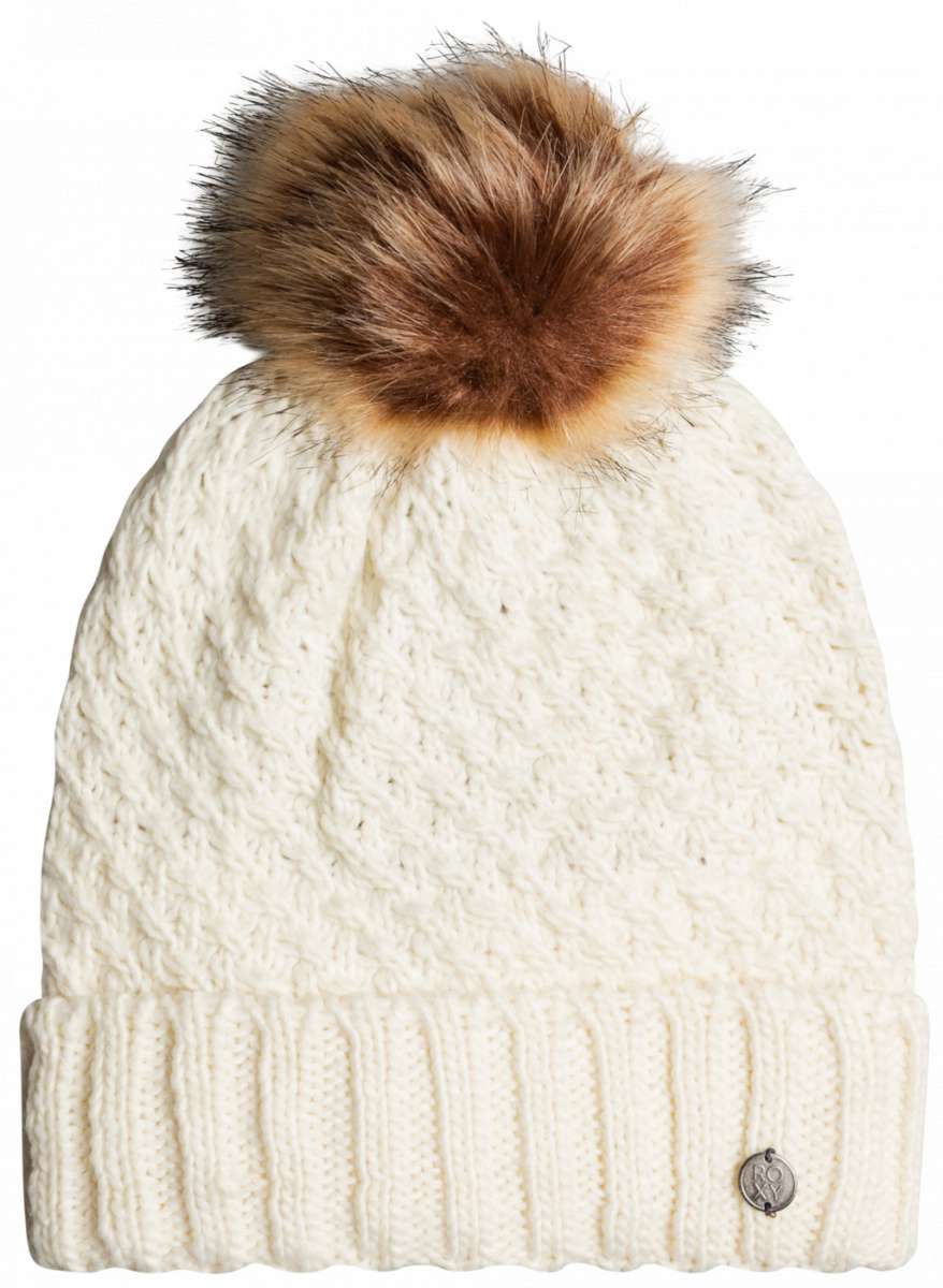 Roxy Women's Blizzard Beanie 2023 - A cream-colored beanie with a cable-knit pattern and a large, fluffy brown faux fur pom-pom on top.