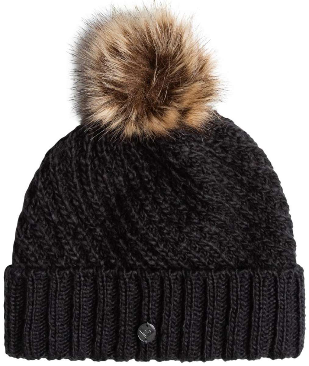 Roxy Women's Blizzard Beanie 2024 - A black beanie with a large, fluffy brown faux fur pom-pom on top.