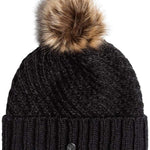 Roxy Women's Blizzard Beanie 2024 - A black beanie with a large, fluffy brown faux fur pom-pom on top.