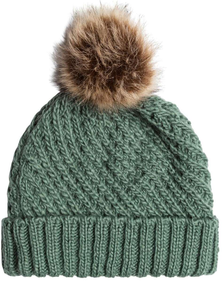 Roxy Women's Blizzard Beanie 2024 - A sage green beanie with a brown faux fur pom-pom on top.