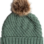Roxy Women's Blizzard Beanie 2024 - A sage green beanie with a brown faux fur pom-pom on top.