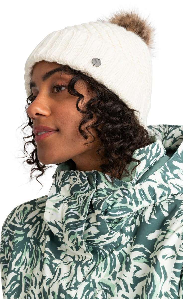 Roxy Women's Blizzard Beanie - A white beanie with a brown faux fur pom-pom on top.