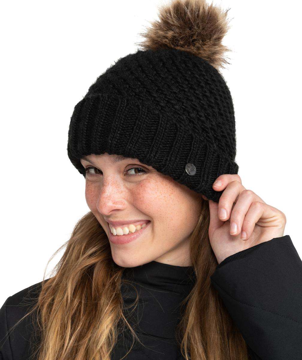Roxy Women's Blizzard Beanie 2024 - Black beanie with a brown faux fur pom-pom on top.