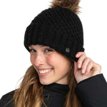 Roxy Women's Blizzard Beanie 2024 - Black beanie with a brown faux fur pom-pom on top.