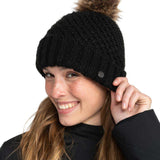 Roxy Women's Blizzard Beanie 2024 - Black beanie with a brown faux fur pom-pom on top.