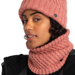 Roxy Women's Blizzard Beanie - A dusty rose-colored beanie with a ribbed pattern and a brown faux fur pom-pom on top.