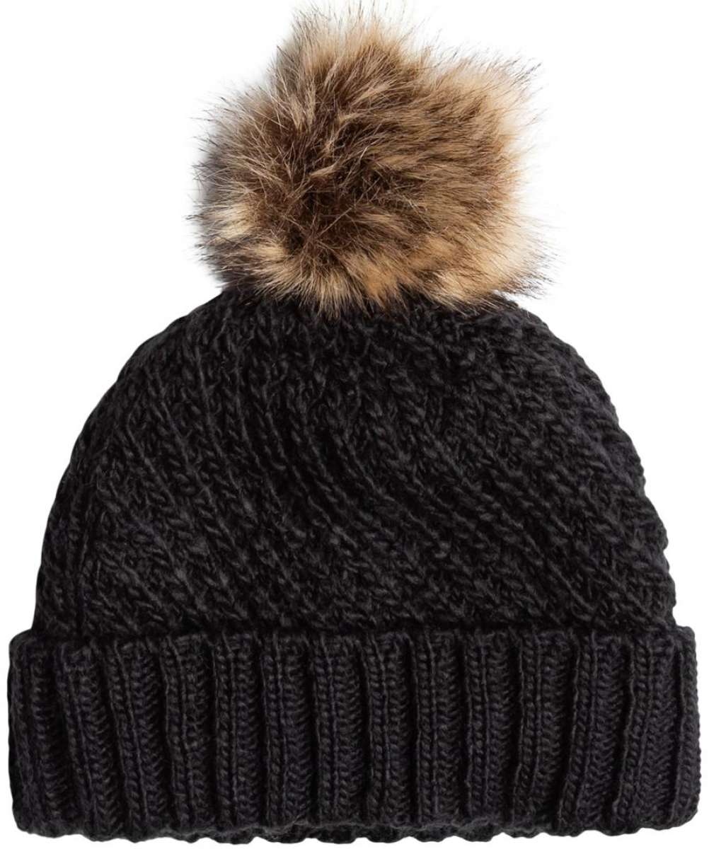 Roxy Women's Blizzard Beanie 2024 - A black beanie with a large, fluffy brown faux fur pom-pom on top.