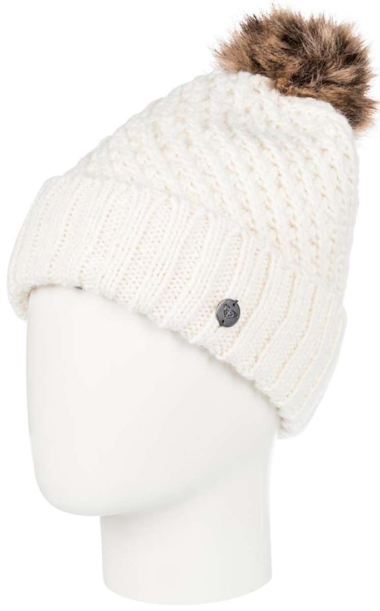 Roxy Women's Blizzard Beanie 2024 - A cream-colored beanie with a brown faux fur pom-pom on top.