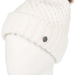 Roxy Women's Blizzard Beanie 2024 - A cream-colored beanie with a brown faux fur pom-pom on top.