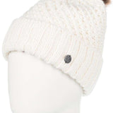 Roxy Women's Blizzard Beanie 2024 - A cream-colored beanie with a brown faux fur pom-pom on top.