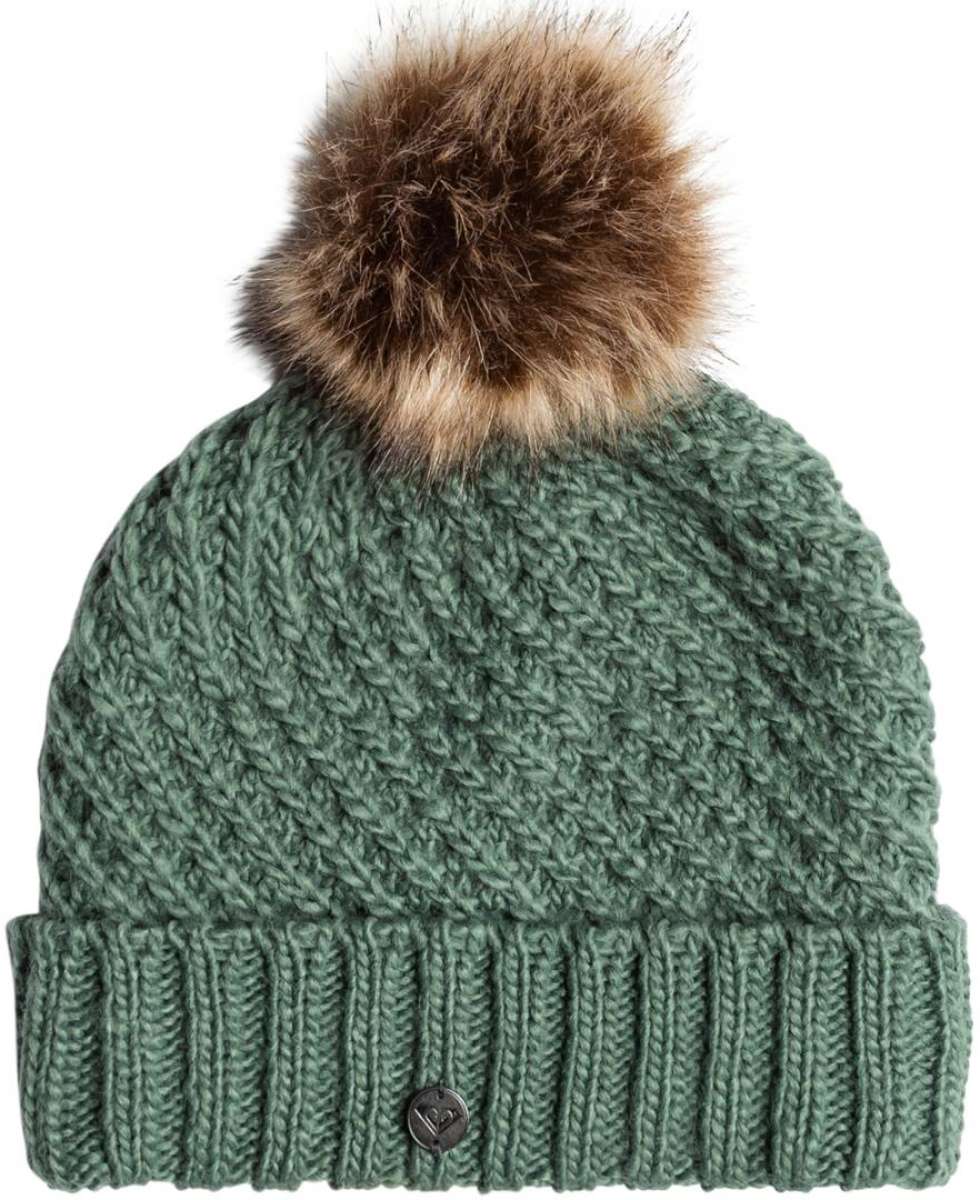 Roxy Women's Blizzard Beanie 2024 - A sage green beanie with a brown faux fur pom-pom on top.