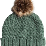 Roxy Women's Blizzard Beanie 2024 - A sage green beanie with a brown faux fur pom-pom on top.