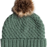 Roxy Women's Blizzard Beanie 2024 - A sage green beanie with a brown faux fur pom-pom on top.