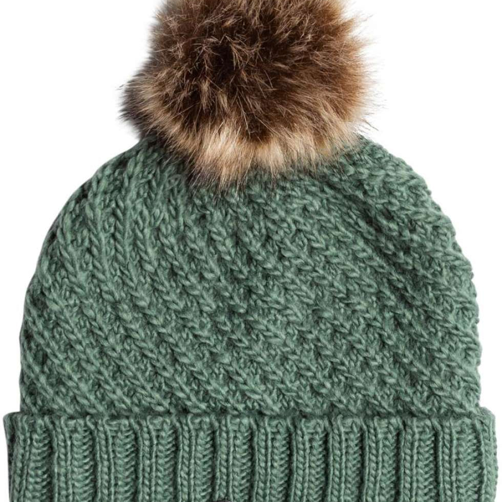 Roxy Women's Blizzard Beanie 2024 - A sage green beanie with a brown faux fur pom-pom on top.
