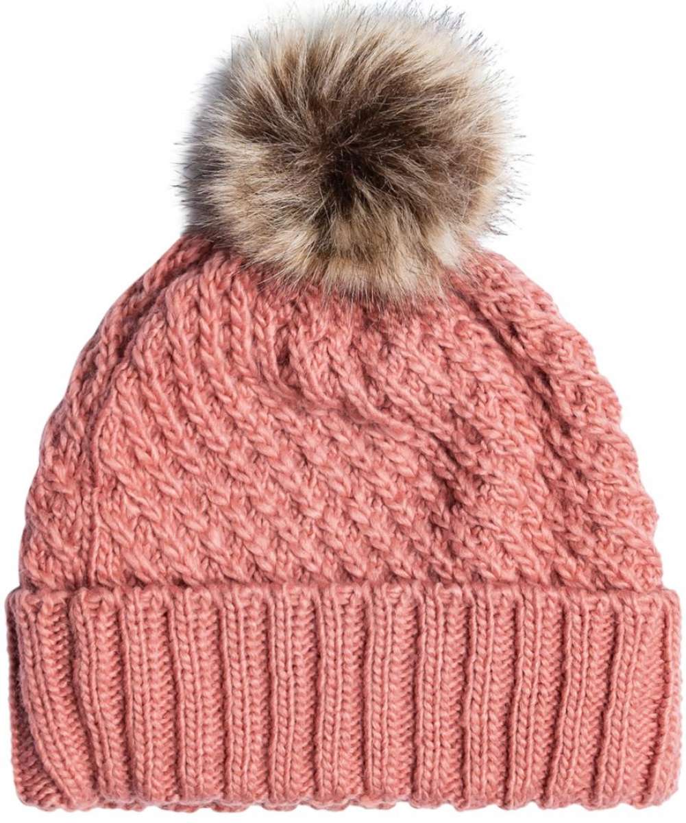 Roxy Women's Blizzard Beanie 2024 - A dusty rose-colored beanie with a cable-knit pattern and a large, fluffy brown faux fur pom-pom on top.
