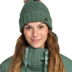 Roxy Women's Blizzard Beanie 2024 - Sage green beanie with a brown faux fur pom-pom on top.