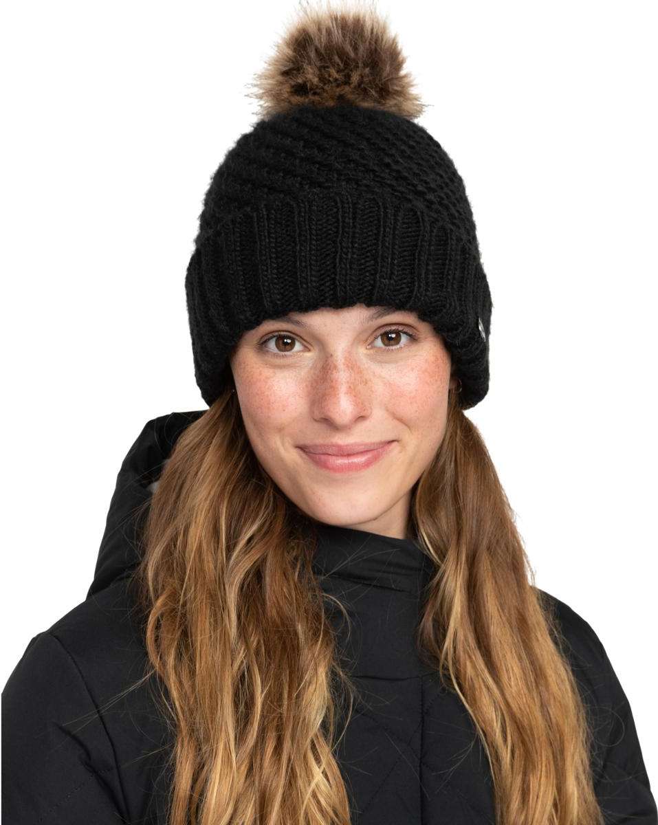 Roxy Women's Blizzard Beanie 2024 - Black beanie with a brown faux fur pom-pom on top.