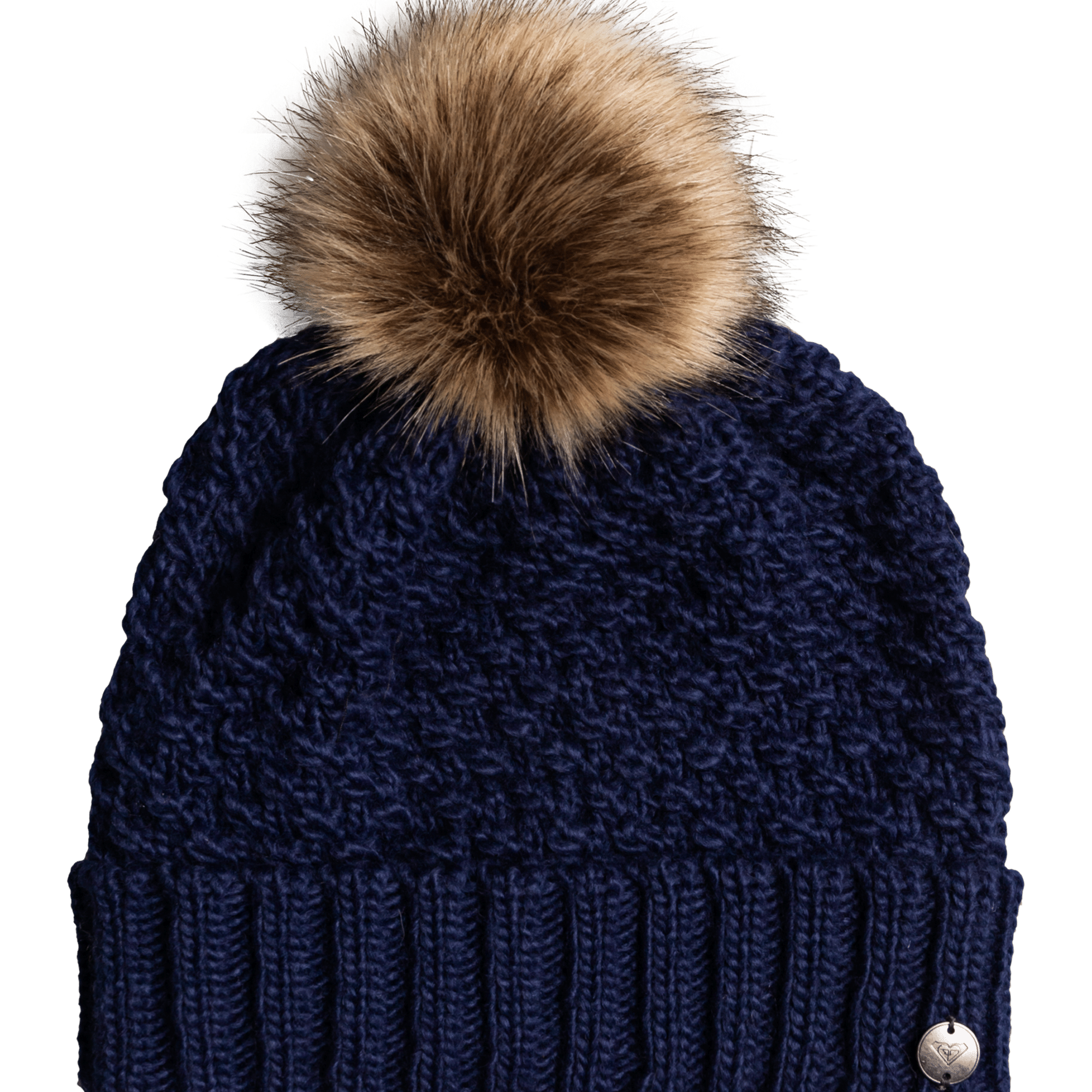Roxy Women's Blizzard Beanie 2022 - A navy blue beanie with a large, fluffy brown faux fur pom-pom on top.