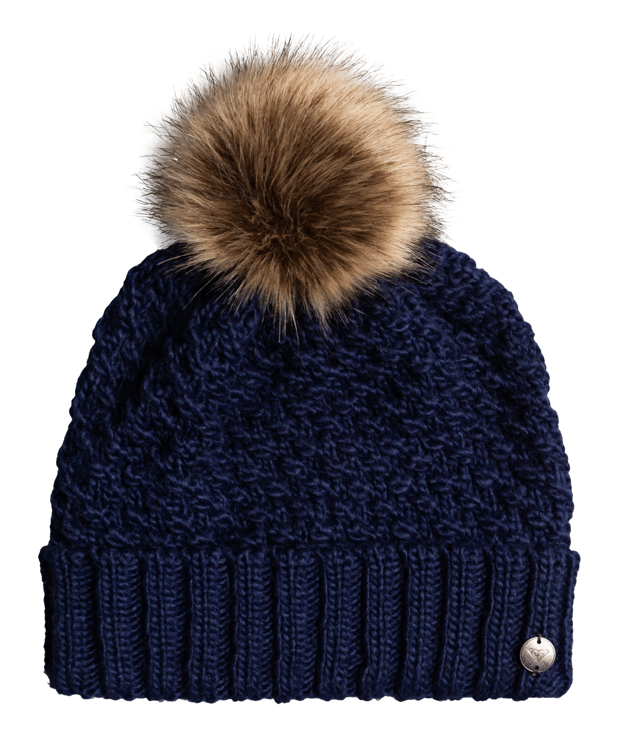 Roxy Women's Blizzard Beanie 2022 - A navy blue beanie with a large, fluffy brown faux fur pom-pom on top.