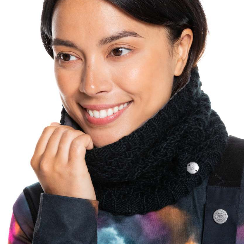 Roxy Women's Blizzard Collar - A black, chunky-knit scarf with a subtle herringbone pattern and a soft, fuzzy texture.