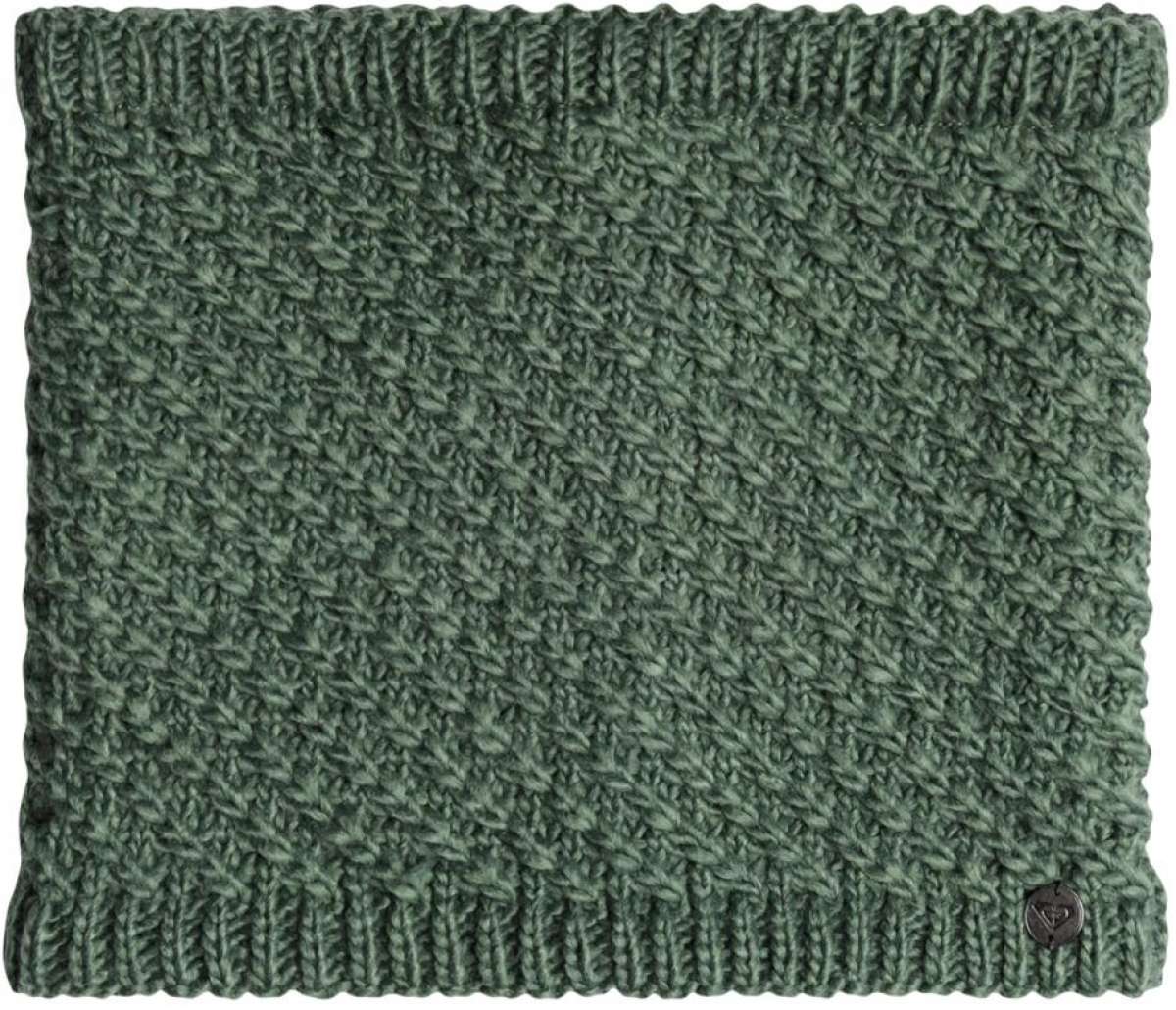 Roxy Women's Blizzard Collar 2024 - A sage green, chunky-knit, cowl-style neck warmer with a ribbed edge and small logo tag on the bottom right corner.