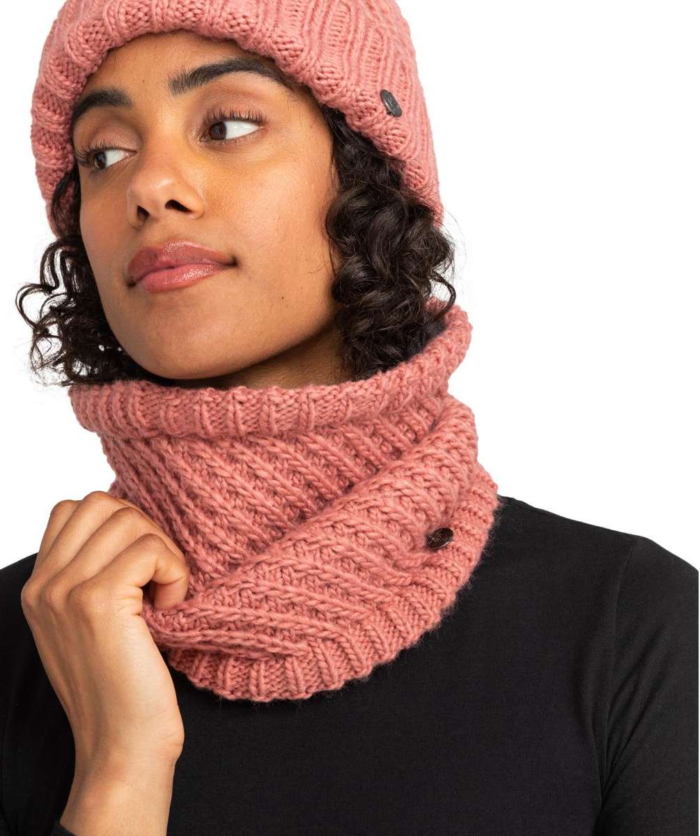 Roxy Women's Blizzard Collar - A dusty rose-colored knit collar with a ribbed texture and black buttons on either side of the neck.