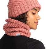 Roxy Women's Blizzard Collar - A dusty rose-colored knit beanie with a faux fur pom-pom on top and a matching scarf wrapped around the neck.
