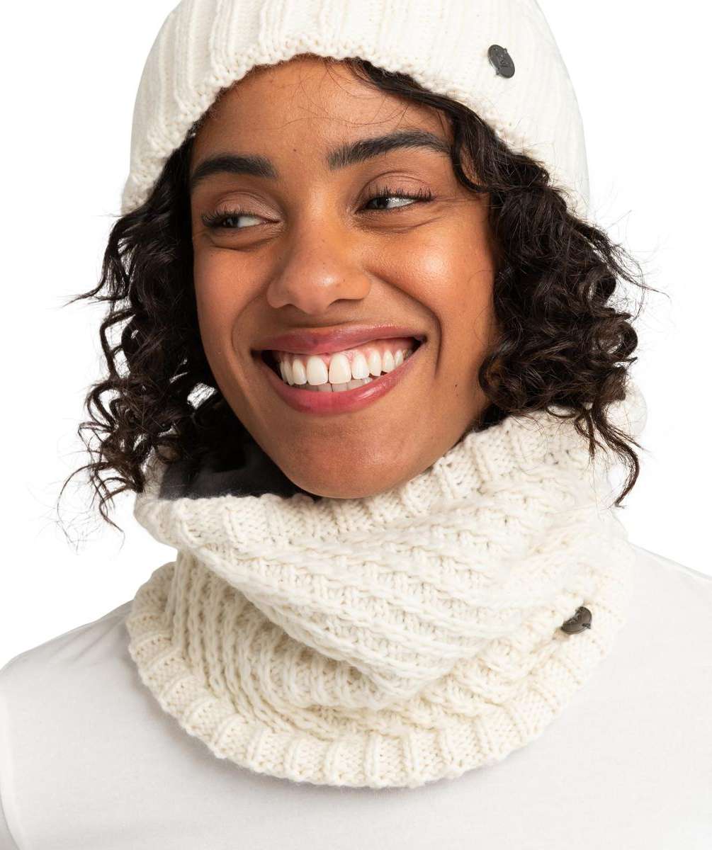 Roxy Women's Blizzard Collar - A cream-colored knit balaclava with a black drawstring and small black logo on the left side of the neck.