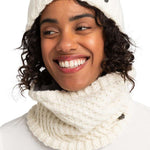 Roxy Women's Blizzard Collar - A cream-colored knit balaclava with a black drawstring and small black logo on the left side of the neck.