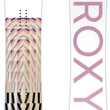 Roxy Women's Breeze Snowboard 2024 *B-GRADE* - A white snowboard with a geometric pattern of pastel pink, blue and yellow stripes on the bottom.