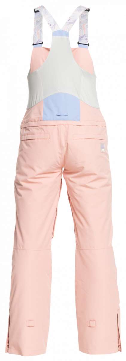 Roxy Women's Chloe Kim Bib Pant 2023 - Light pink bib pants with a subtle floral pattern on the side pockets and black hardware.