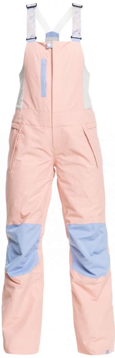 Roxy Women's Chloe Kim Bib Pant 2023 - Light pink bib pants with a subtle floral pattern on the side of the leg.