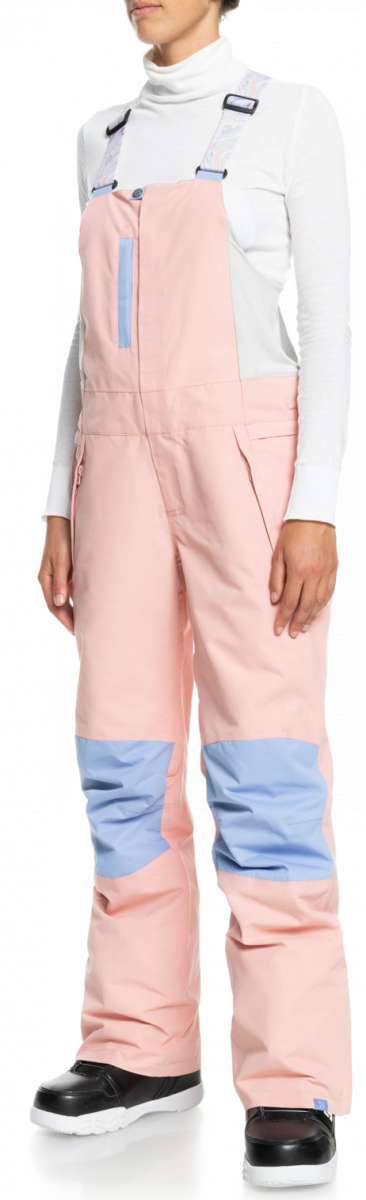 Roxy Women's Chloe Kim Bib Pant 2023 - Light blue bib with white snowflake pattern on front, black straps and buckles.