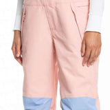 Roxy Women's Chloe Kim Bib Pant 2023 - Light blue bib with white snowflake pattern on front, black straps and buckles.